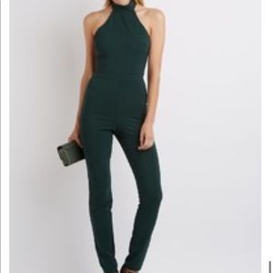 CHARLOTTE RUSSE emerald green mock neck open back jumpsuit size Medium